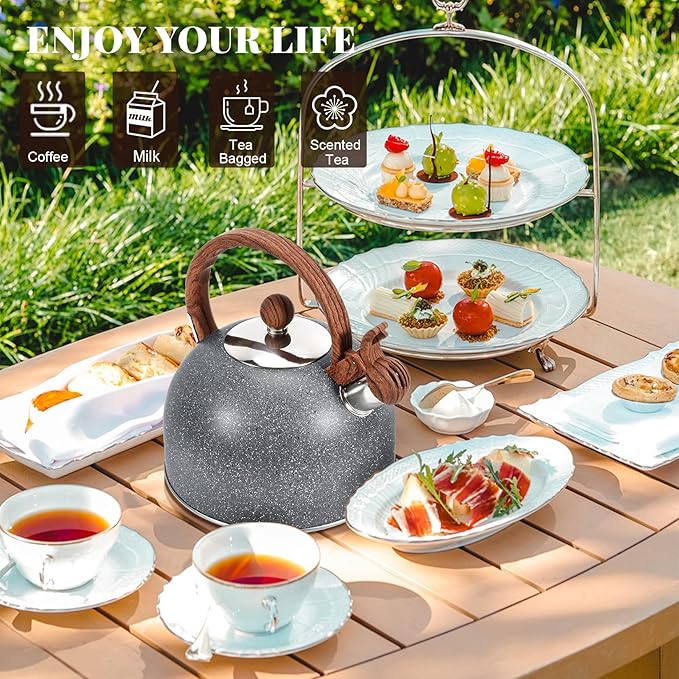 GGC 2.7QT/3L Whistling Tea Kettles for Stove Top, Stainless Steel Tea Kettle with for Boiling Water Milik or Coffee, Starry Gray Tea Pots with Wooden Anti Heat Handle - Bloomnest