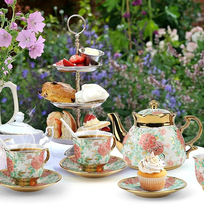 20 Pcs Porcelain Tea Set with Metal Holder, Adult Tea Set Gift, European Ceramic Tea Set for Adults, Flower Tea Cup Saucer Set for Party With Gold Flower Painting (Vibrant Green) - Bloomnest