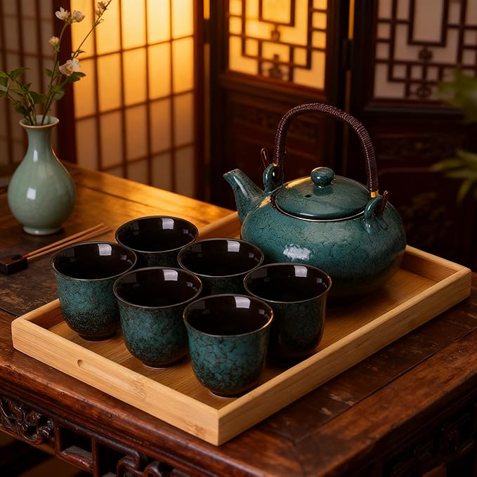 KEYDUACU Japanese Tea Set, Ceramic Tea Set, Plum Blossom Embossed, Teapot, 6 Teacups, Tea Tray, Strainer, Home, Outdoor, Gift, Chinese Kung Fu Tea Set (Pine Green) - Bloomnest