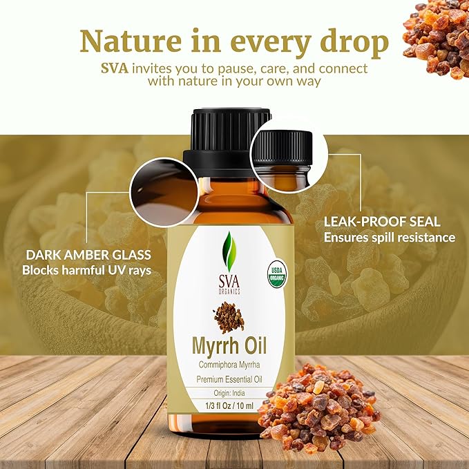 SVA Myrrh Essential Oil Organic – 1/3 Fl Oz – 100% Natural Organic Myrrh Oil - for Diffuser, Hair Care, Face, Skin Care, Aromatherapy, Scalp and Body Massage, Soap and Candle Making - Bloomnest