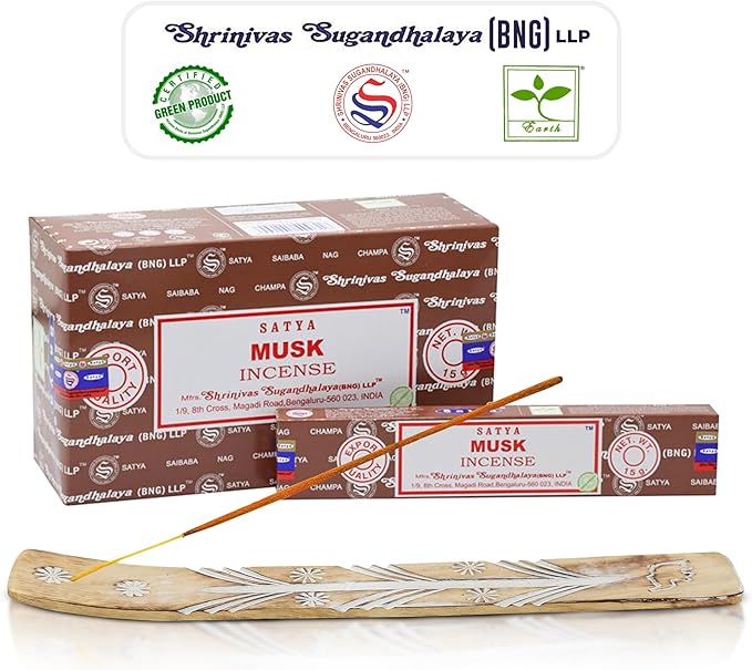 Satya Musk Incense Sticks, Satya Bng Insenses 15gmx12 Pack with Raajsee Incense Holder Bundle, Satya Nagchampa Natural Incense - Bloomnest