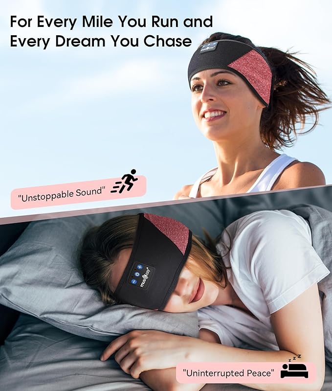 MUSICOZY Sleep Headphones Bluetooth 5.4 Headband, Wireless Earphones Music Sleep Earbuds Sleeping Eye Mask with HD Stereo Speakers for Workout Running Travel Yoga, Ideal Gifts (Red & Black) - Bloomnest