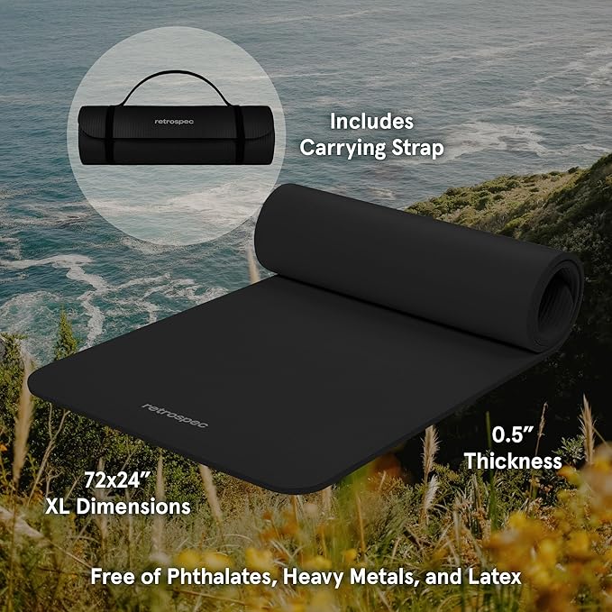 Retrospec Solana Yoga Mat 1/2" Thick w/Nylon Strap for Men & Women - Non Slip Exercise Mat for Yoga, Pilates, Stretching, Floor & Fitness Workouts - Bloomnest