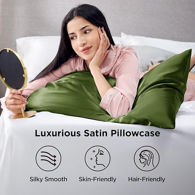 Bedsure Satin Pillowcase 2 Pack Similar to Silk Pillow Cases Standard Size, Pillow Case for Hair with Envelope Closure, Olive Green Room Decor Aesthetic Gifts for Women, Moss, 20x26 Inches, 2pcs - Bloomnest