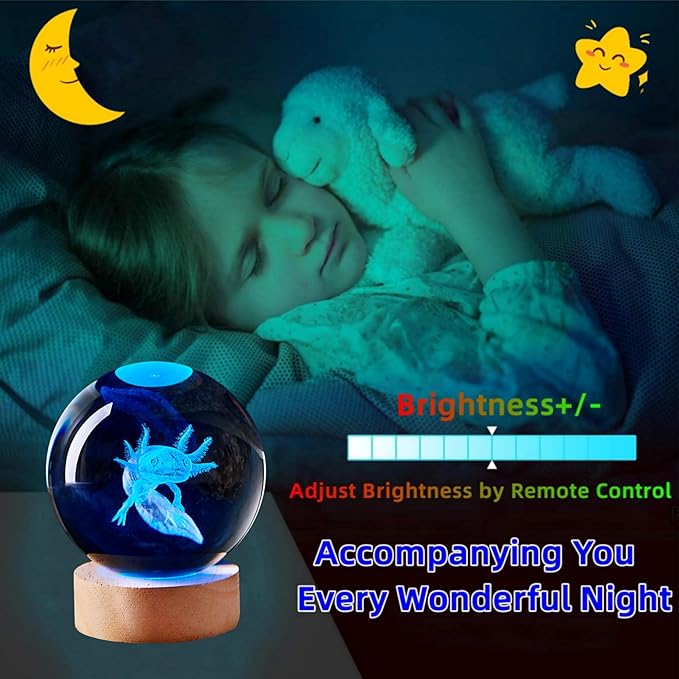 3D Large Axolotl Crystal Ball Night Light with Wooden Base, Crystal Lamp Gift for Kids Wife Friends, 16 Color Changing with Remote Control, Laser Engraved 3.15 inch Glass Ball Lamp (Axolotl) - Bloomnest