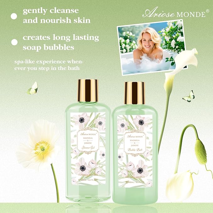 Spa Gifts for Women, Bath Sets, 7Pcs Spa Gift Set w/Shower Gel, Bubble Bath, Bath Salts, Bath Bomb, Body Lotion, Christmas Gifts for Women, Magnolia & Jasmine Bath Set - Bloomnest