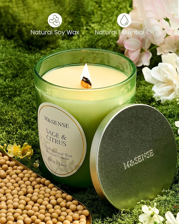 M&SENSE Sage Citrus Scented Candle, Cracking Wooden Wick Soy Wax, 18oz 100 Hours Long Lasting Clean Burn, Large Jar Candles for Home Decor, Non-Toxic Relaxing Aromatherapy Gifts for Women - Bloomnest