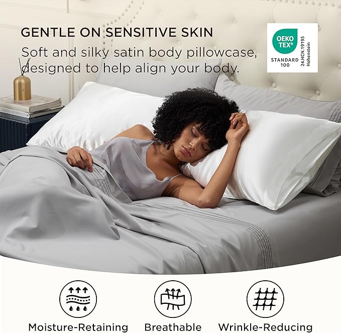 Bedsure Satin Body Pillow Pillowcase - Similar to Silk White Body Pillow Cover Case with Envelope Closure,Cooling and Silky Long Pillowcase for Hair and Skin,20x54 Inches - Bloomnest