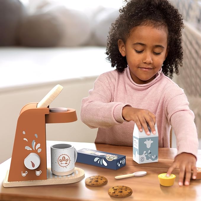 SPEEDY MONKEY Wooden Kids Coffee Machine Playset – FSC Certified Pretend Play Espresso Maker, Barista Role Play Café Set Toy for Toddlers, Boys & Girls, Coffee Grinder with Cups & Kitchen Accessories - Bloomnest