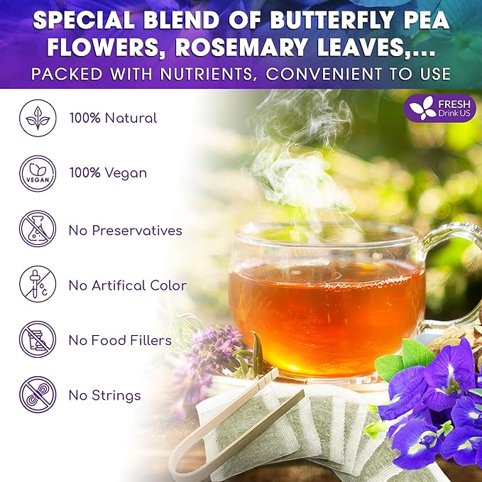 FreshDrinkUS, Clarity Calm Butterfly Pea Flower Tea – 60 Tea Bags Herbal Blend of Butterfly Pea Flower, Rosemary, Moringa, Lemongrass & Licorice Root – Caffeine-Free. Sugar-Free. Gluten-Free. Vegan - Bloomnest