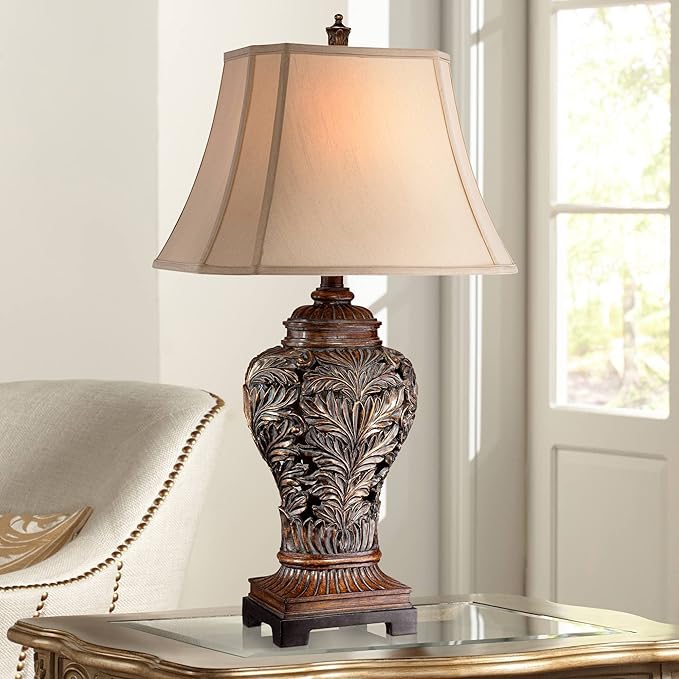 Barnes and Ivy Leafwork Vase 32 1/2" Tall Large Traditional End Table Lamp Brown Wood Finish Single Tan Rectangular Shade Living Room Bedroom Bedside Nightstand House Office Home Reading Kitchen - Bloomnest