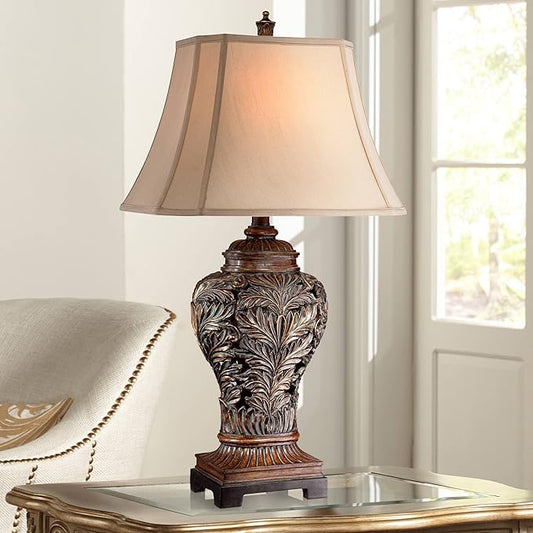 Barnes and Ivy Leafwork Vase 32 1/2" Tall Large Traditional End Table Lamp Brown Wood Finish Single Tan Rectangular Shade Living Room Bedroom Bedside Nightstand House Office Home Reading Kitchen - Bloomnest