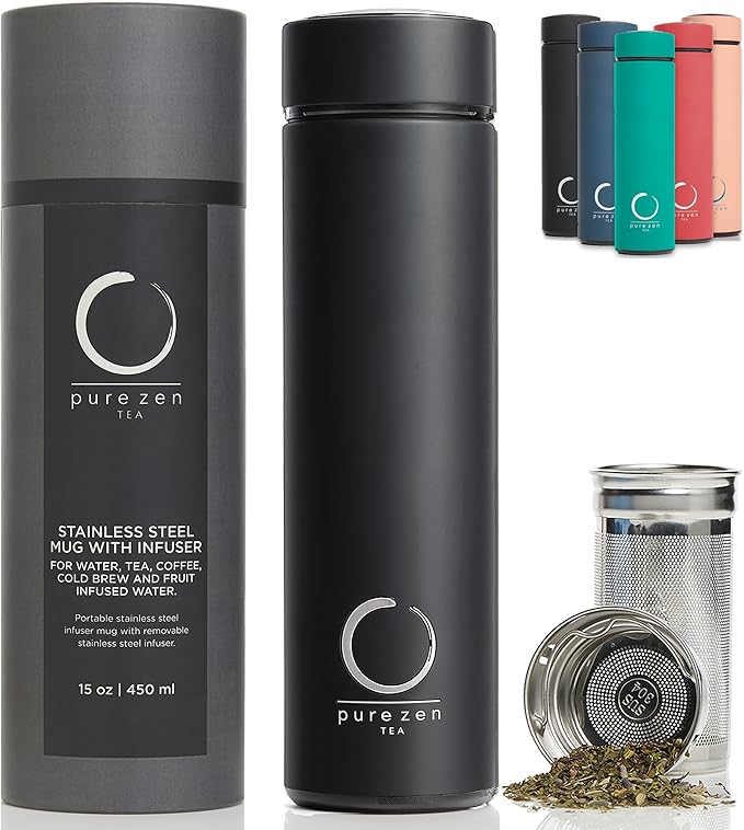 Pure Zen Tea Thermos with Infuser for Hot and Cold Infusions, Coffee and Fruit-Infused Water - Stainless Steel - Tea Infuser Bottle - Leakproof Travel Mug with Filter - 15oz - Black