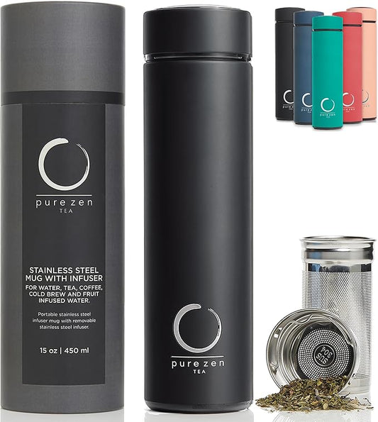 Pure Zen Tea Thermos with Infuser for Hot and Cold Infusions, Coffee and Fruit-Infused Water - Stainless Steel - Tea Infuser Bottle - Leakproof Travel Mug with Filter - 15oz - Black