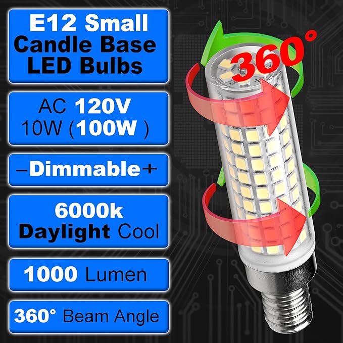 Dimmable E12 C7 LED Candelabra Light Bulb 10W Equivalent 100W 6000K Daylight White 1000 Lumen E12 T6 LED Candle Bulbs for Home Decorative Ceiling Fan Chandelier Pendant Lighting Salt Lamp,3Pack - Bloomnest