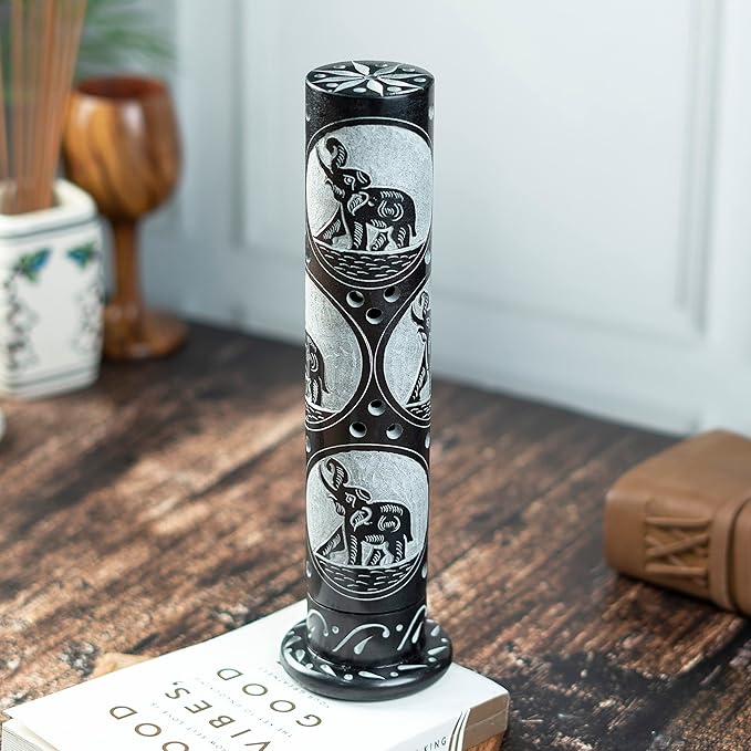 Crocon Handmade Black Marble Incense Stick Tower Burner Round Shape Jali Design Incense Tower Burner | Tea Light Candle Holder | Living Room Decor Home Fragrance Decorative Gift Size 3X3X10 Inch - Bloomnest