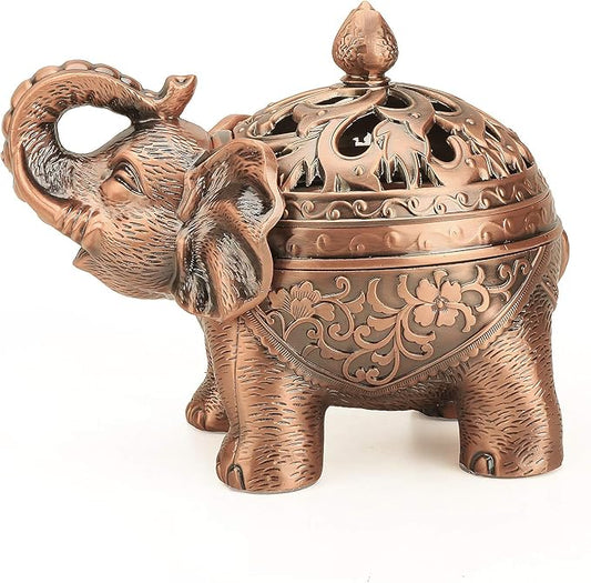 K COOL Alloy Incense Holder Stand Elephant Cone Coil Incense Burner Ash Catcher with Lid, Aromatherapy Ornament Home Decoration for Indoor Outdoor (Red Copper) - Bloomnest