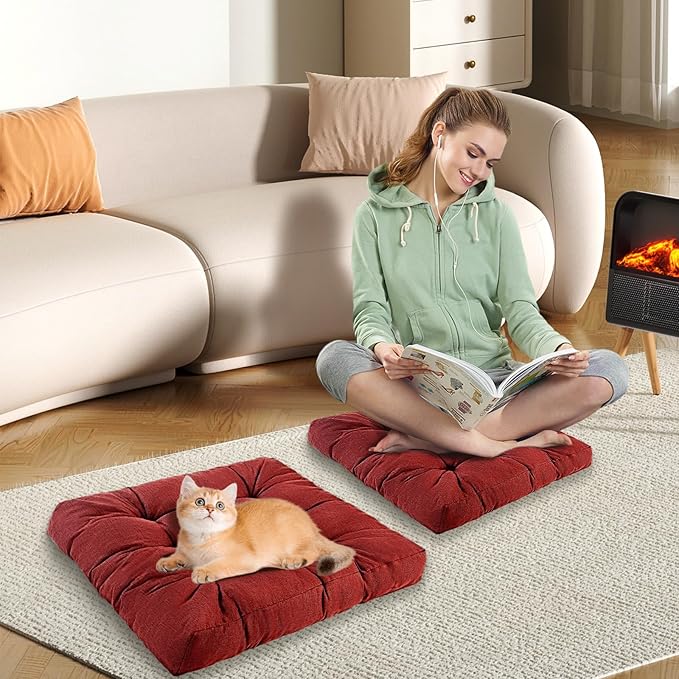 Meditation Floor Cushions, Thickened Floor Pillow for Adults, Large Square Pillows Seat Cushion for Tatami Living Room Yoga, Memory Sponge Block Added, 22x22 Inch, Wine Red