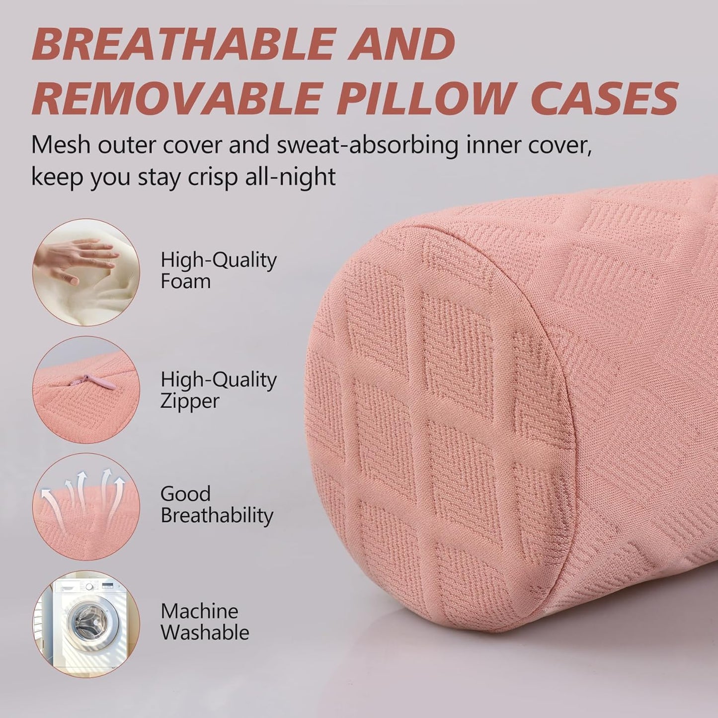 Cozyhealth 3.1" H Small Cervical Roll Pillow, Medium Soft Memory Foam Neck Round Pillow Cylinder Bolster Pillow for Sleeping, Round Neck Support for Bed, Legs, Back and Yoga (Pink, Small - 3.1" H)