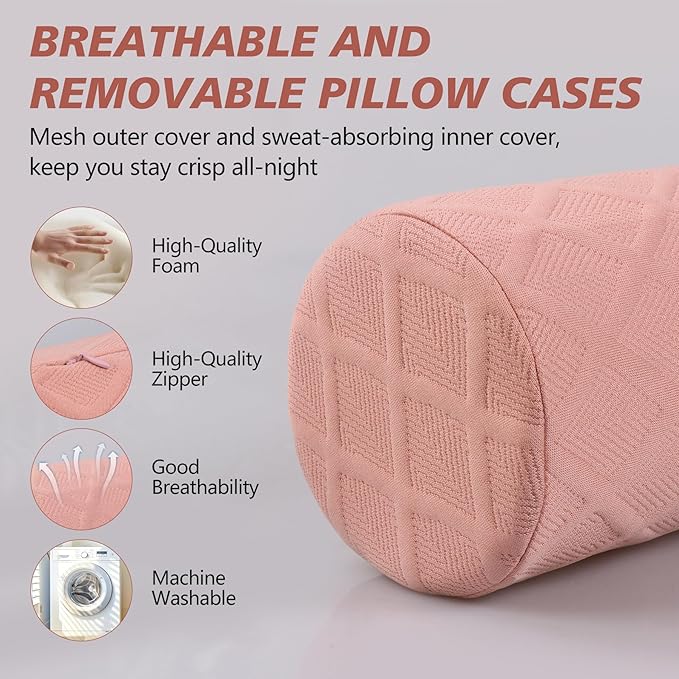 Cozyhealth Cervical Roll Pillow, Medium Soft Memory Foam Neck Round Pillow Cylinder Bolster Pillow for Sleeping, Round Neck Support for Bed, Legs, Back and Yoga (Pink, Large - 4.7" H) - Bloomnest