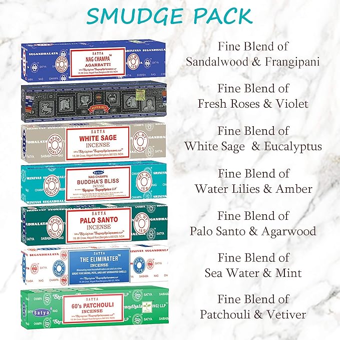 Satya Incense Sticks Gift Set, 7 Scents, Nag Champa, Super Hit, Dragon's Blood, Sandalwood, Patchouli, Lavender, Positive Vibes, 15g Each (Smudge) SoulSticks