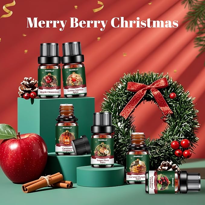 Christmas Fragrance Oil Set, 6 Premium Holiday Essential Oils for Diffuser, Candle Making - Caramel Pumpkin Swirl, Apple Cinnamon, Merry Berry Christmas, Christmas Fireplace Scented Oil Gift Set - Bloomnest