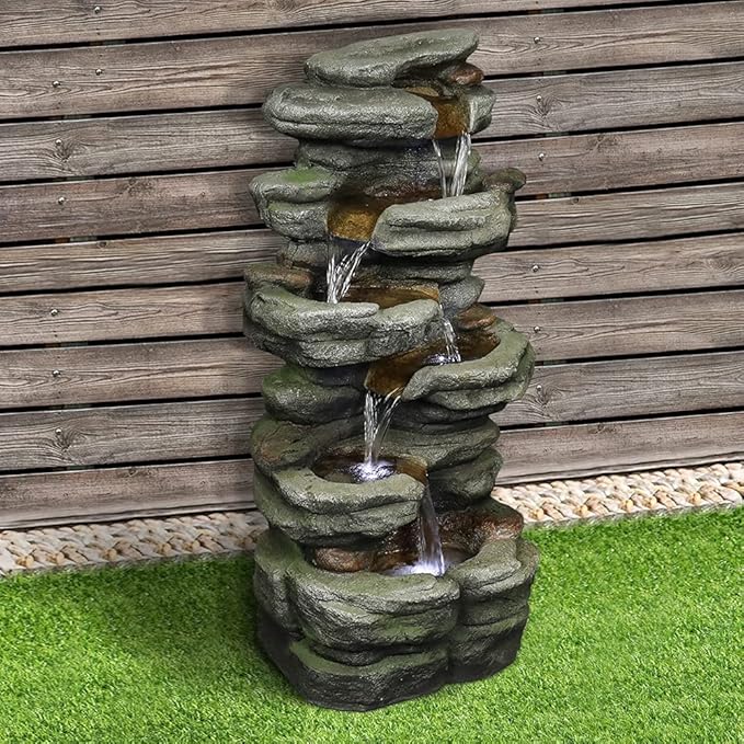 Naturefalls 30.7inches Outdoor Water Fountain - 6-Tiers Rock Waterfall Fountain with Led Lights for Home Garden Decor - Bloomnest