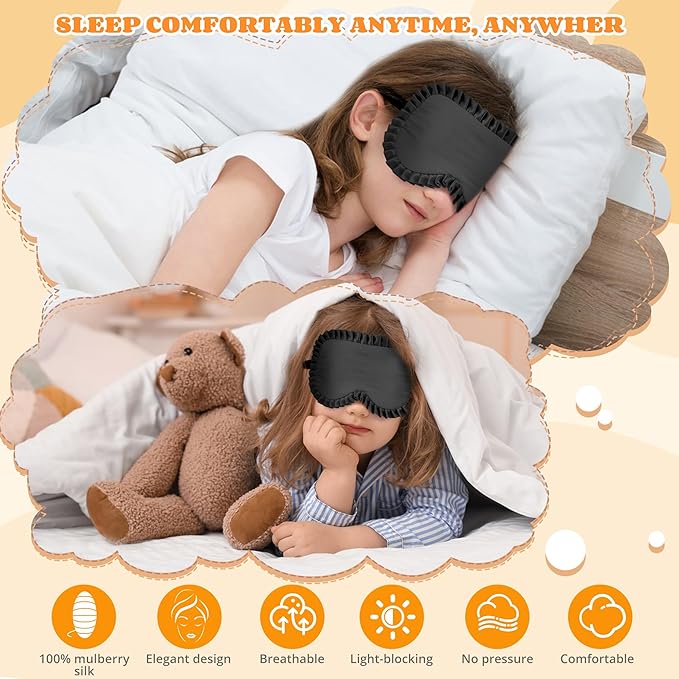 Kids Sleep Mask Eye Cover, 100% Real Mulberry Silk Sleep Mask with Adjustable Strap, Kids Blindfold for Sleeping, Boys Girls Eye Shade for Ages 5+, Soft and No Pressure (Black) - Bloomnest