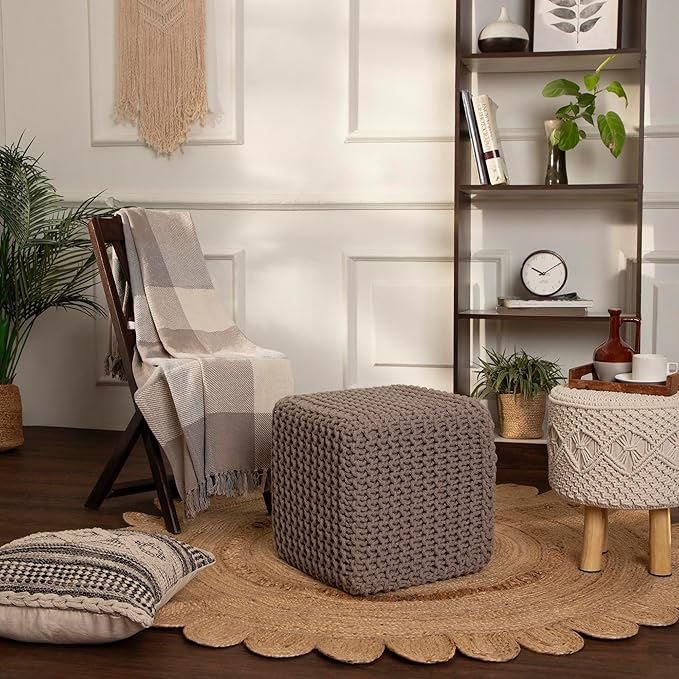 REDEARTH Cube Hand Knitted Pouf - Foot Stool Ottoman - Cord Boho Pouffe - Poof Accent Stuffed Table or Footrest for Living Room - Nursery - Bedroom - Patio - 100% Cotton (16" x 16" x 16") - Taupe - Bloomnest