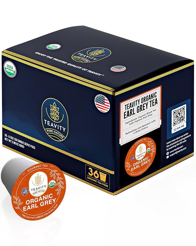 Organic Earl Grey Tea Pods for Keurig - Caffeinated Unsweet Black Tea for K Cup Brewing by Teavity (36 Tea Pods) - Bloomnest