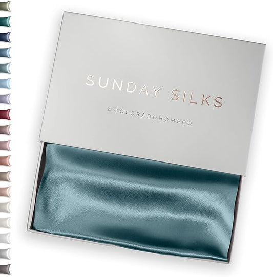 SUNDAYSILKS™ Premium Silk Pillow Cases | 100% Mulberry Silk Pillowcase with Zipper, All Sides Real 22 Momme Grade 6A Silk, Standard Queen, King Size [Mineral Blue] - Bloomnest