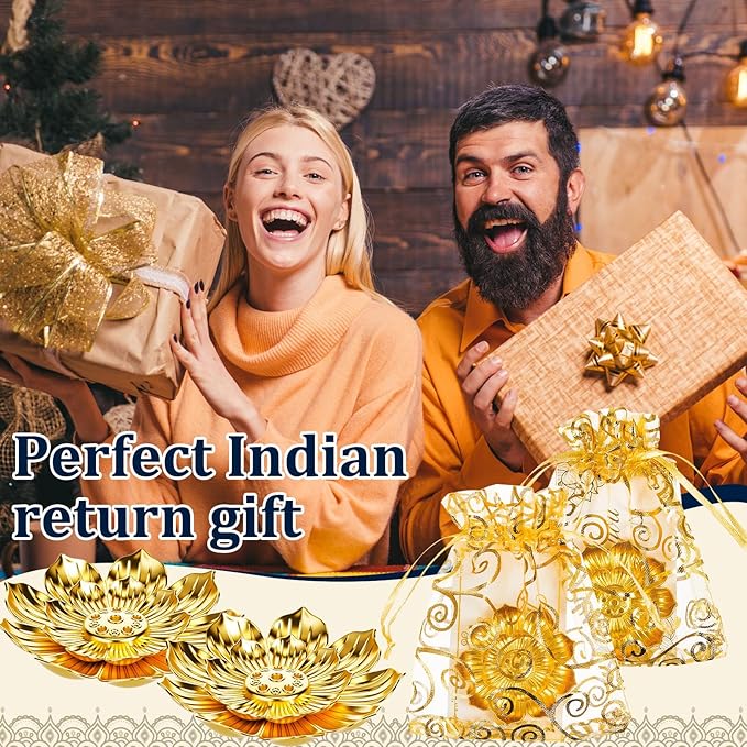 Amyhill 138 Pack Diwali Gifts Bulk, Lotus Incense Burner, Indian Return Gifts for Pooja Bulk, Stick Holder, Gold Double Layer Design with Organza Bags & Thank You Cards, Indian Return Gift (Golden) - Bloomnest