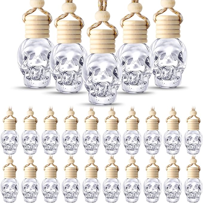 BBTO 50 Pcs Hanging Car Air Freshener Car Diffuser Bottles Empty Glass Perfume Bottle Freshener Diffuser Bottle Pendant for Essential Oil Fragrance Aromatherapy Bottle Ornament(Skull) - Bloomnest