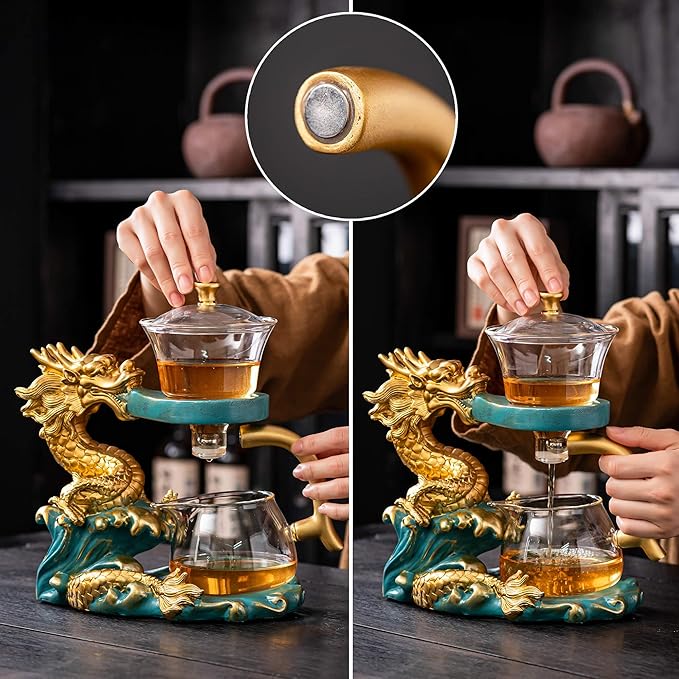 Glass Teapot with Infuser Semi Automatic Tea Set Kungfu Teapot (Golden green dragon) - Bloomnest