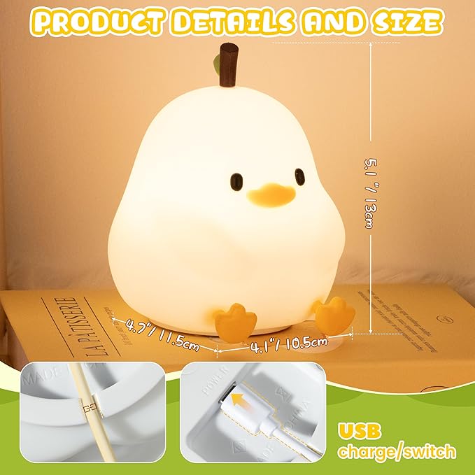 Night Light for Kids, Rechargeable Dimmable Silicone LED Nightlight with 7 Colors, Baby Nursery Night Lamp, Touch Squishy Lamp, Cute Gifts for Girls, Boys, Toddler Room Decor, White Duck - Bloomnest