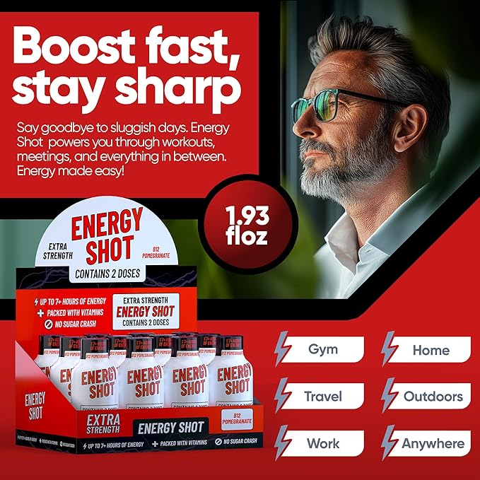 B12 Açaí Pomegranate Extra Strength Energy Shot 24 pk – 260mg Natural Caffeine B12 B6 – Energy & Vitality Support – 2 Servings Sugar Free Zero Calorie Green Tea B-Vitamins Electrolytes Vegan – 1.93 fl oz - Bloomnest