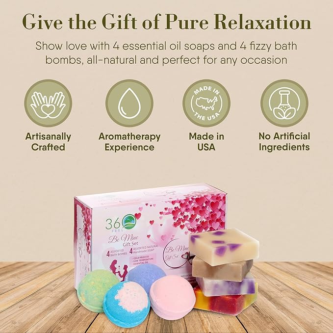 360Feel Be Mine 4 Bath Bombs Plus 4 Handmade Soap Gift Essential Oil Organic Bath Bomb gifts for Men Women - Bloomnest