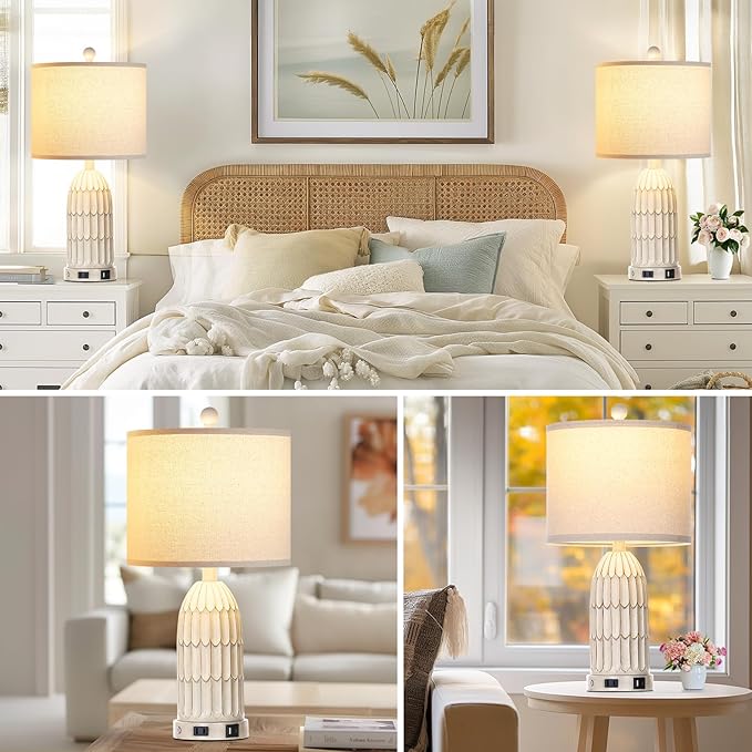 Farmhouse Table Lamps Set of 2, 3-Way Dimmable Touch Lamp for Bedroom Nightstand with USB A+C Ports & AC Outlet, White Vintage Boho Bedside Lamp for Living Room End Table (Bulbs Included) - Bloomnest