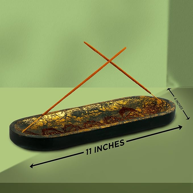 Hand Carved Incense Holder-Incense Burner/Ash Catcher/Handmade Wooden Insence Tray – Modern Gift Home/Room/Seven Chakra Blue Gold Kitchen Décor Size 11x4x1.5 Inches - Bloomnest