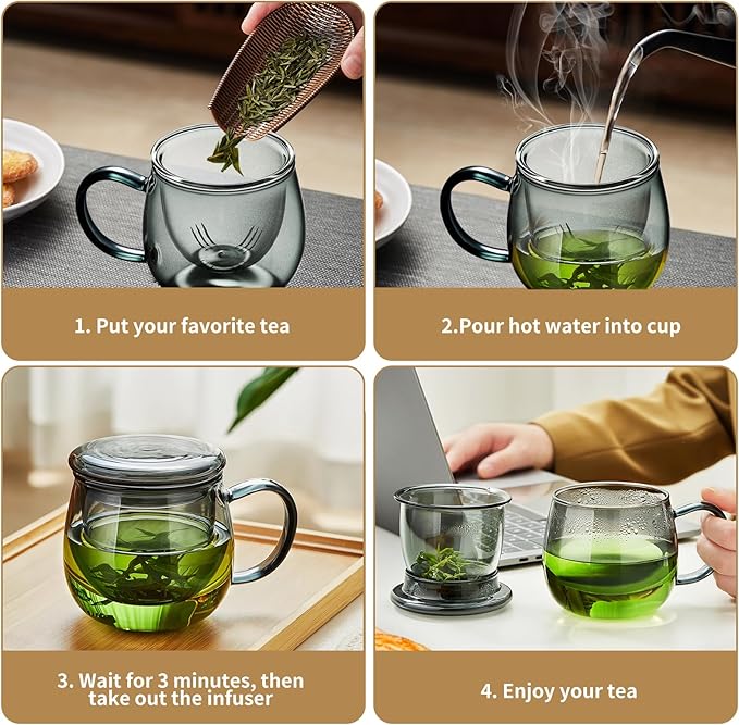 Glass Tea Cup with Infuser and Lid, 17.6oz/520ml Large Borosilicate Teacup, Clear Mug for Loose Leaf Tea, Blooming Tea, Tea Bags - Perfect Christmas or Birthday Gift for Men - Bloomnest
