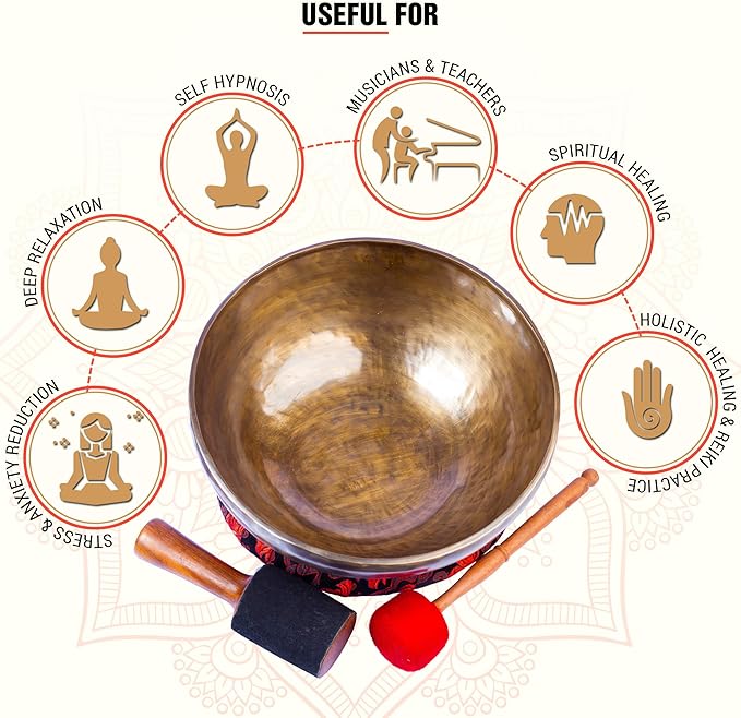 Himalayan Bazaar Large Tibetan Singing Bowl Set - 9" Master Healing Grade For Sound Bath Chakra 7 Metal Meditation Yoga For Home, Studios, and Wellness Use HimalayanBazaar