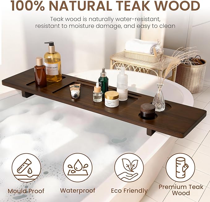 Teak Bathtub Tray - Wood Bath Caddy Tray 35" for Large Tubs - Adjustable Bathtub Table Trays - Luxury Shower Organizer for Home Spa Relaxation and Reading - Dark Walnut Color - Bloomnest