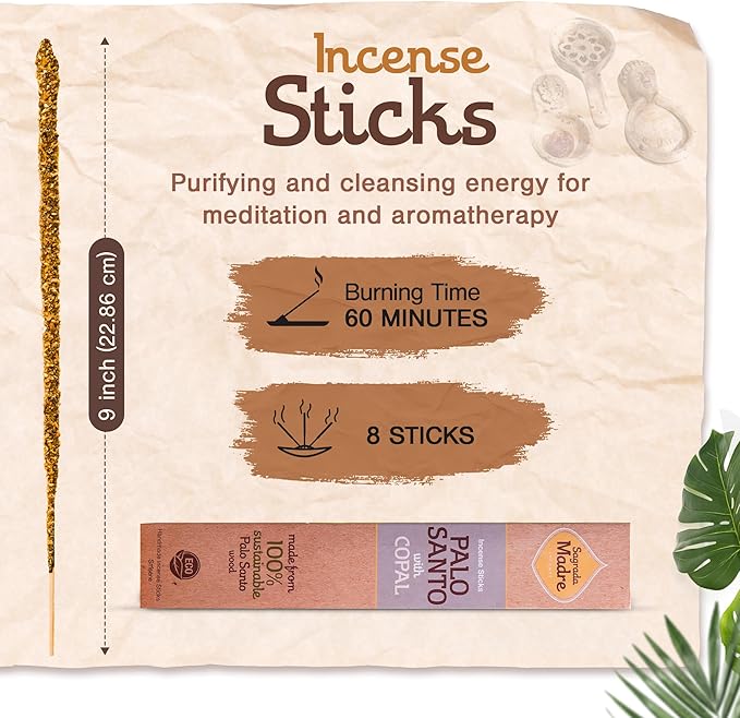 Sagrada Madre 8pcs Wildly Harvested Thick Palo Santo Incense Sticks (Copal), 9” Long - Eco Friendly, Non-Toxic, Aromatic Incense Sticks (1hr Burning Time) to Heal & Calm Your Body and Environment