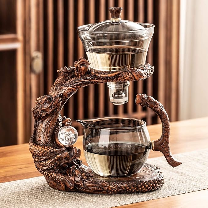 Glass Teapot Set with Infuser Semi Automatic Dragon Tea Set (Walnut teapot) - Bloomnest
