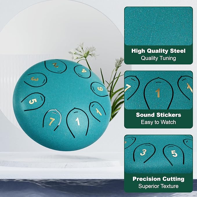Steel Tongue Drum 6 Inch 8 Notes, Rain Drums for Outside C major, Hang Instrument, Handpan for Kids, Ethereal Hand Pan for Meditation Yoga Musical Education, Malachite Green - Bloomnest