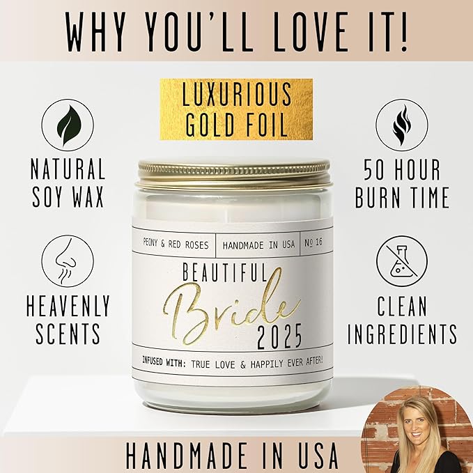 Bridal Shower Gifts, Bride Gifts for Bride to Be - 'Beautiful Bride 2025' Soy Wedding Candle, w/Peony Wedding Bouquet - infused w/Essential Oils I Bachelorette Gifts for Bride I 50Hr Burn, USA Made - Bloomnest