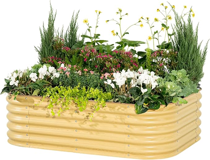 Vego garden Aluzinc Raised Garden Bed Kits, 17" Tall 6 in 1 Modular Metal Raised Planter Bed for Vegetables Flowers Patio Ground Planter Box, Sunlit Oak - Bloomnest