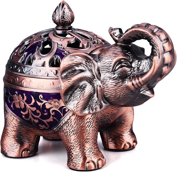 K COOL Metal Backflow Incense Holder Elephant Cone Incense Burner Candle Holder with Lid, Aromatherapy Ornament Home Office Decoration for Indoor Outdoor (Purple) - Bloomnest
