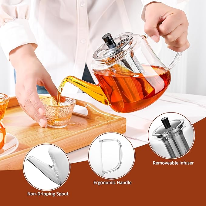 Glass teapot with infuser, Ehugos 1000ml(33oz) Stovetop Safe Hand Crafted Clear Glass Teapot with Removable Infuser for Loose Leaf Tea and Blooming Tea - Bloomnest