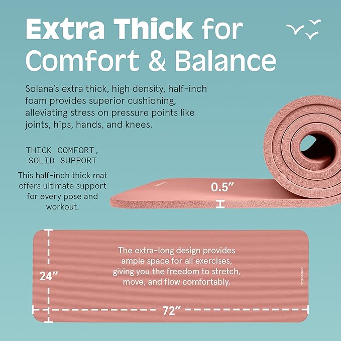 Retrospec Solana Yoga Mat 1/2" Thick w/Nylon Strap for Men & Women - Non Slip Exercise Mat for Yoga, Pilates, Stretching, Floor & Fitness Workouts - Bloomnest
